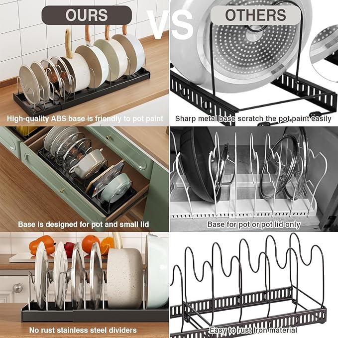 Expandable Food Storage Container Lid Organizers, 22" Pots and Pans Organizer Under Cabinet with 9 Adjustable Dividers Pot and Pan Lid Holders Rack Inside Cabinet(Black,1 Pack)