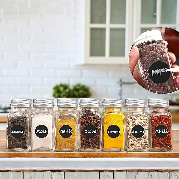 RoyalHouse 24 Pcs Glass Spice Jars/Bottles - 4oz Empty Square Spice Containers with Spice Labels and Airtight Metal Caps with Shaker Lids