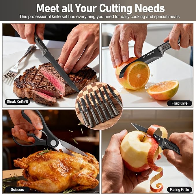 16-Piece Kitchen Knife Block Set with Cutting Board - German Stainless Steel Knives, Built-In Sharpener, Dishwasher Safe, Anti-Slip Handle - All-in-One Cutlery Set for Home/Kitchen