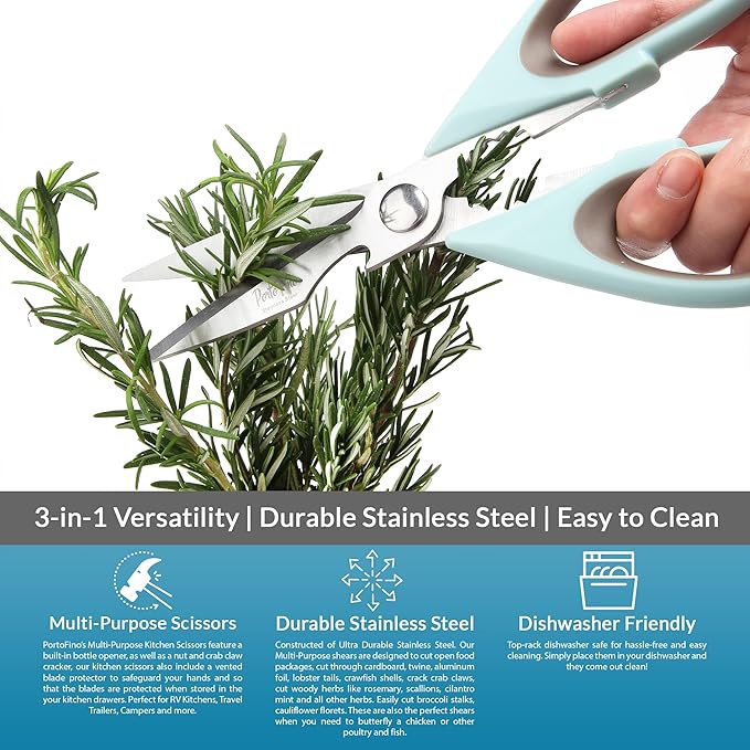 PortoFino Kitchen Scissors for Food, Stainless Steel Shears, Cooking Scissors for Chicken, Fish, Herbs, Lightweight and designed with a soft Non-Slip Grip, Protect Cover, Dishwasher Safe, Blue