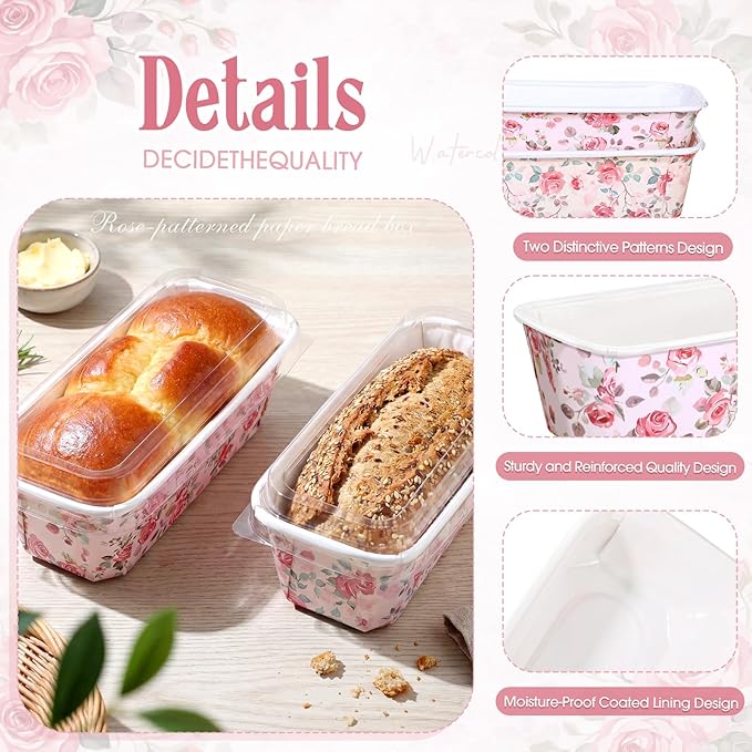 LemonRoad 100 Pcs Rose Mini Loaf Pans with Lids 6.3 x 2.2 x 2.2 Inch Floral Disposable Paper Baking Pan Bulk, Mothers Day Wedding Bridal Baby Shower Baking Party Supplies for Cake Bread Oven Bakery