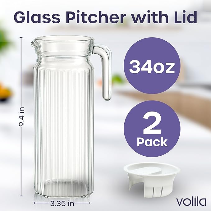 Glass Pitcher with Lid – 2 Pack 34 oz Glass Water Pitcher with Handle, Ribbed Glass Container with Lid and Vented Spout for Fridge Shelf, Iced Tea, Lemonade, Juice