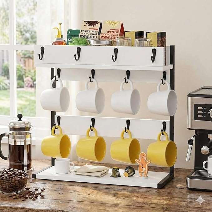 Coffee Mug Rack Holder Wall Mount – 2 Tier Mug Rack Stand with Storage Base for 12 Cups for Kitchen, Dining Room Counter Organizer, Coffee Bar Decor Accessories