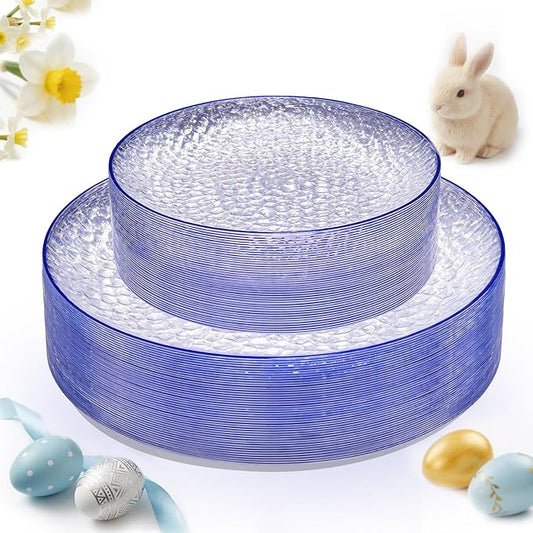 Rubtlamp 60Pcs Blue Easter Plastic Plates, Clear Disposable Plates With Blue Rim, Heavy Duty Party Plates, Hammered Fancy Plates Include 30 Dinner Plates, 30 Dessert Plates For St Patricks Day