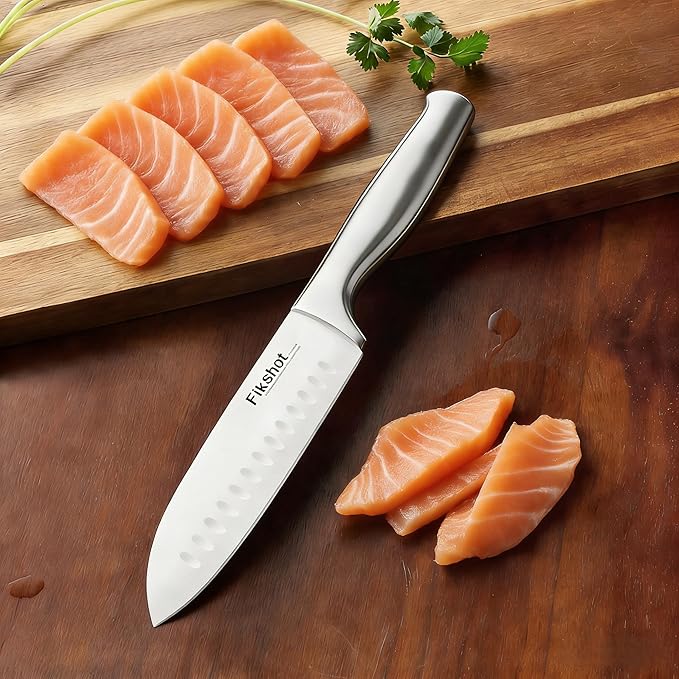 Knife Block Set, Kitchen Knife Sets with Block, FIKSHOT Knives Set - Razor-Sharp Santoku Knives, Fruit and Kitchen Sets - Rust Resistant for Homecooks (Silver + Walnut)