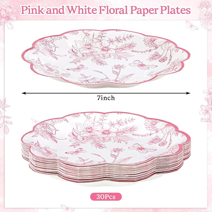 30 Pcs Pink Floral Paper Plates, 7 inch Tea Party Plates Vintage Flower Toile Plate Pink and White Dessert Plate Disposable for Easter Baby Bridal Shower Mother's Day Birthday