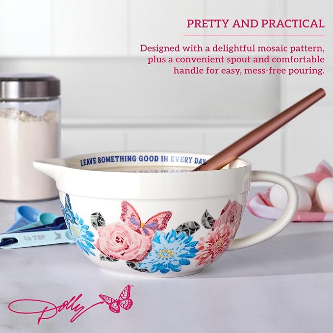 Dolly Parton Ceramic Batter Bowl, Mosaic Design with Inspirational Quote, Capacity, Spout and Handle, Dishwasher Safe, 2.5 Quart