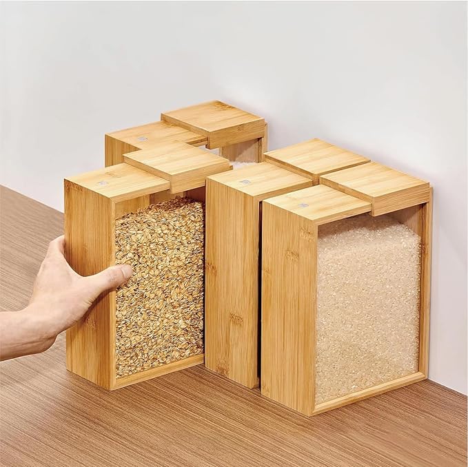 Dry Food Dispenser 2L, Bamboo Food Dispenser – Airtight Kitchen Storage Container for Cereal, Rice, Flour, and Snacks – Pantry Organizer for Easy Dispensing and Freshness