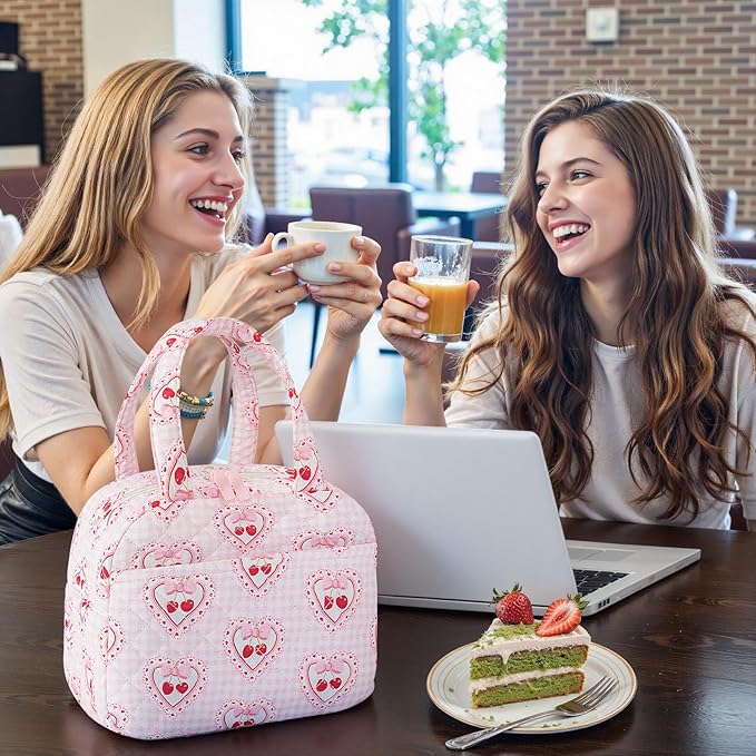 Quilted Lunch Box for Women,Coquette Aesthetic Lunch Box for Teen Girls,Cute Cherry Lunch Bags for Work, School,Office,Picnic,Travel (Cherry Plaid Heart)