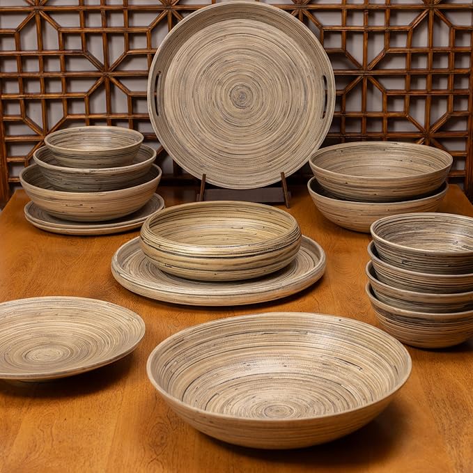LEXA 12" Handmade Bamboo Salad Bowl – 130 oz Large Wooden Fruit Bowl for Kitchen Counter, Black Bamboo, Pack of 2