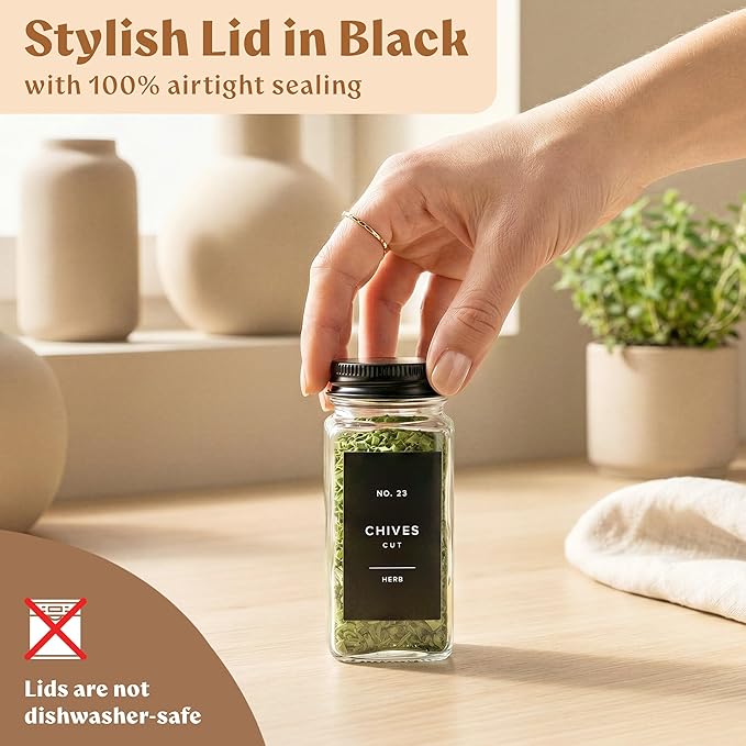Glass Spice Jars with Label and Black Aluminium Lids (24 x 4oz) Spice Containers with 240 Labels, Shaker Inserts, Steel Funnel, Empty Square Seasoning Organizer (Black Aluminium Lid)