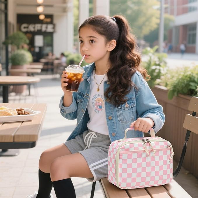 LEDAOU Lunch Box Kids Insulated Lunch Bag Girls Boys Toddler Reusable Lunchbox for School Picnic Hiking (Checkered-Pink)