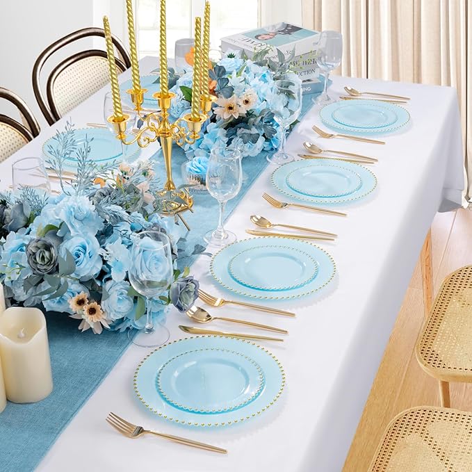 EI 60pcs Blue Plastic Plates,Dispoable Heavy Duty Plastic Plates with Gold Rim,Baby Blue 10" Dinner & 7" Dessert Plate,Fancy Elegant Plate for Party,Birthday,Afternoon Tea