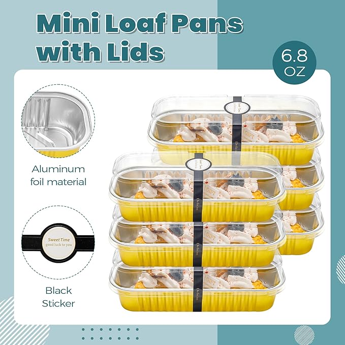 50 Pack Mini Loaf Pans with Lids Rectangle Individual Cake Pans Aluminum Foil Pans for Large Gatherings Picnics Vacations Parties(Gold, 6.8 OZ)