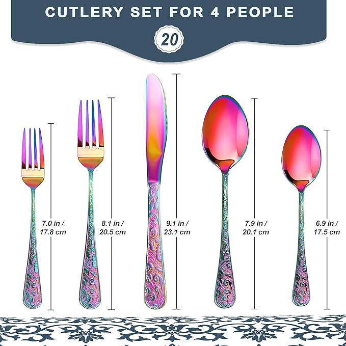 Runfly Vintage Carved Rainbow Stainless Steel 20 Pieces Flatware Set, Colorful Silverware Set, Modern Embossed Cutlery Set Utensils Including Fork Spoon and Knife