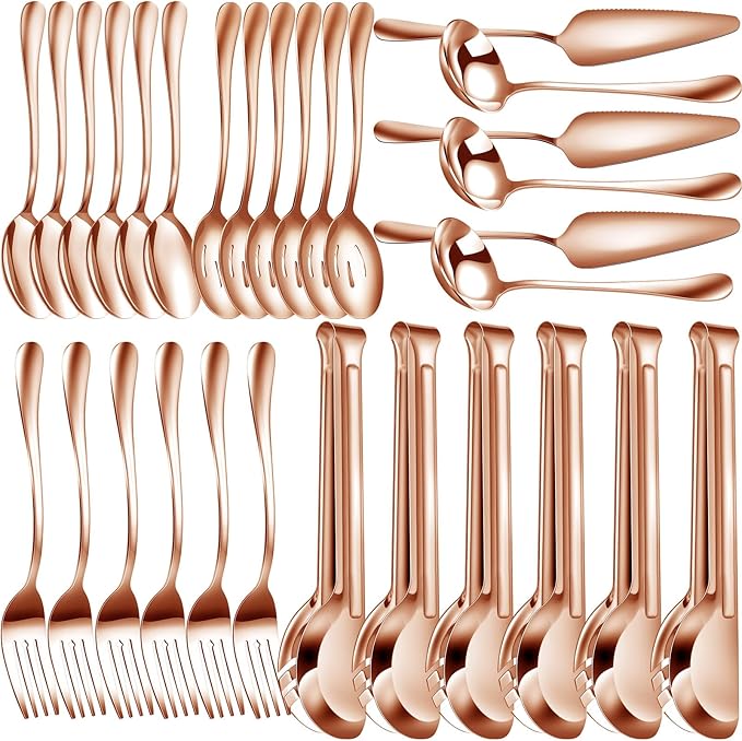 Thenshop 30 Pcs Stainless Steel Serving Utensils Set Flatware Set Include Large Serving Spoons Slotted Spoons Forks Soup Ladle Pie Server and Tongs for Buffet Party(Rose Gold)