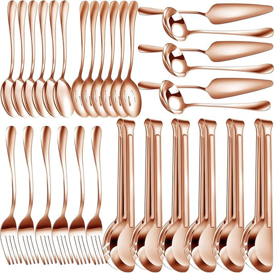 Thenshop 30 Pcs Stainless Steel Serving Utensils Set Flatware Set Include Large Serving Spoons Slotted Spoons Forks Soup Ladle Pie Server and Tongs for Buffet Party(Rose Gold)