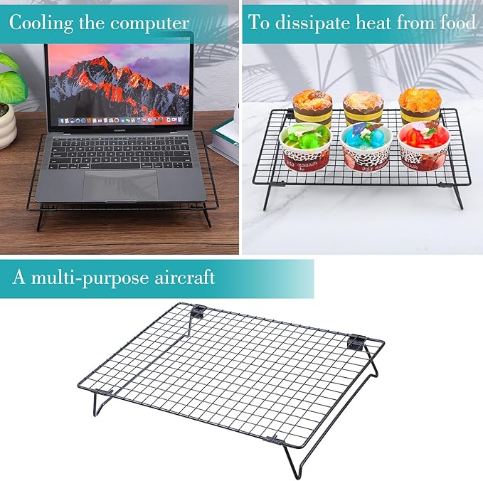 3PCS Stackable Cooling Rack for Baking, 13.3 x 9.3 Inch Carbon Steel Wire Rack with Folding Legs for Cookie Cake Pizza Jerky, Multi-Use Bread Oven Racks for Cooking Roasting Drying Grilling