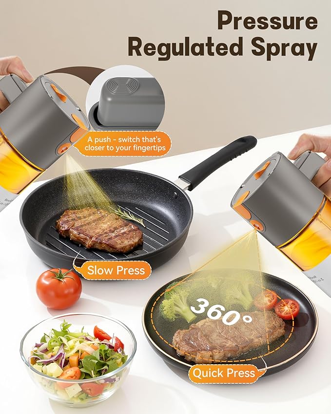 Upgrade 2 in 1 Oil Sprayer for Cooking, 17oz Light-Blocking Glass Olive Oil Dispenser Bottle for Kitchen,Food-Grade Oil Mister with 8 Stickers for Salad, Frying (Grey)