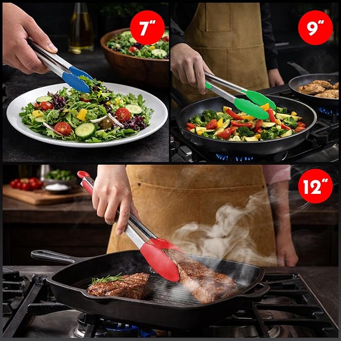 Kitchen Tongs with Silicone Tips Set of 3 Heat Resistant Tongs for Serving Food, 7-Inch, 9-Inch, 12-Inch Locking Silicone Tongs for Cooking, Salad Tong, Multicolored Kitchen Utensils