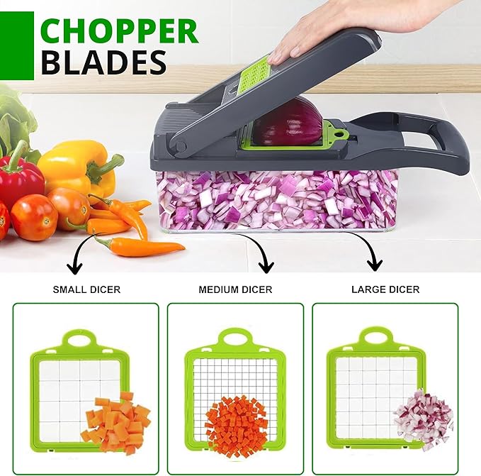Vegetable Chopper Dicer with Container Cheese Grater Mandoline Slicer Cabbage Shredder French Fry Cutter Stainless Steel For Veggie Onion Potato Fruit Food,Manual Hand Cooking Gadget for kitchen