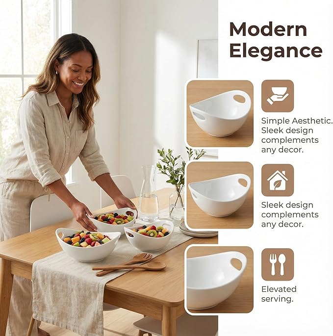 Ceramic Serving Bowls with Handles, Large Salad Bowl Set for Entertaining, Mixing, Serving Dishes for Parties, Kitchen, Housewarming & Everyday Use, Set of 3, 15/28/49 oz