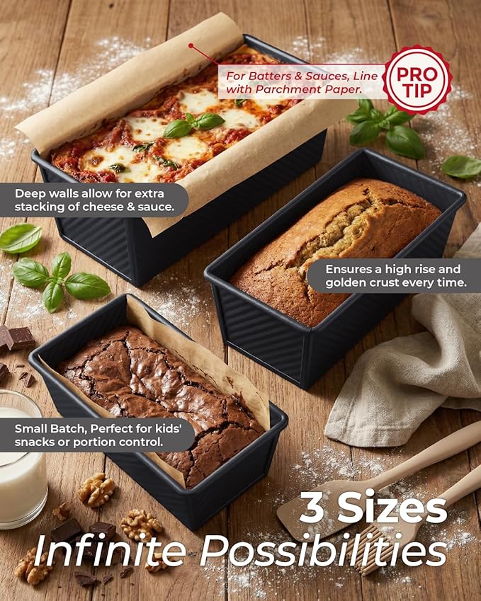 CARTMAN 3-Piece Pullman Loaf Pan with Lid Set – Non-Stick Carbon Steel Bread Pan with Bottom Vents – Includes Large (12.4"), Medium (8.2") & Mini (6.3") Sizes plus Silicone Tools – Classic Black