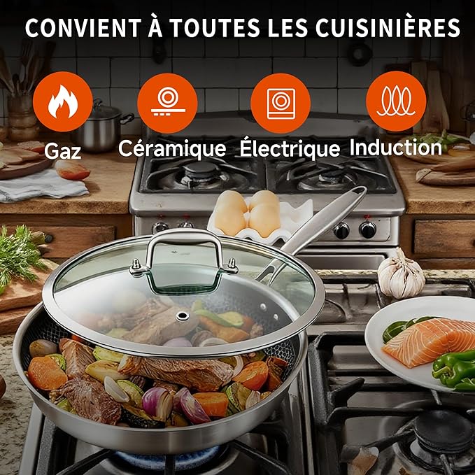 LOLYKITCH Hybrid 10 Inch Tri-Ply Stainless Steel Wok Pan with Lid,Ceramic Non Stick Stir Fry Pan,Induction Cooking Pan,Dishwasher and Oven Safe,Riveted Handle