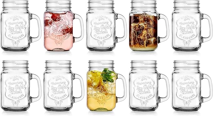 Glaver's Set of 10 Ice Cold 16 Oz. Mason Drinking Glasses With Handles. Quality Refreshing Ice Cold Embossed Logo Jars for Beverages, Cocktails, Shakes, Smoothies, Sodas, Juice.