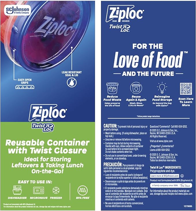 Ziploc Brand Twist n Loc Food Storage Containers, Leak Resistant Design, Medium Round, 6 count