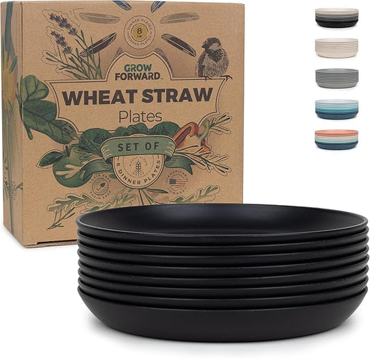 Grow Forward Premium Wheat Straw Plates - 8 Inch Reusable Hard Plastic Dinner Plates Set of 8 - Unbreakable Microwave Safe Plates for Dessert, Camping, RV, Outdoors, Patio, Kitchen Dishes - Midnight