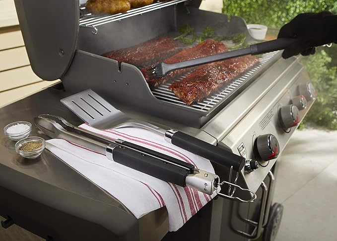 Weber Precision 3‑Piece Grilling Tool Set – Stainless Steel Tongs, Spatula & Silicone Basting Brush with Non‑Slip Handles and Hands‑Free Locking
