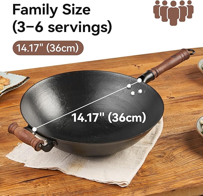 WANGYUANJI 14.17” Cast Iron Wok with Glass Lid – Traditional Round Bottom Chinese Wok for Gas Stove & Open Flame (Wok Ring Required) – Uncoated Clay-Mold “Turtle Shell” Texture – Seasoning Needed
