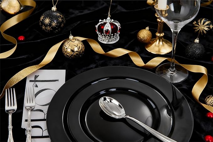 FLOWERCAT 60PCS Black Plastic Plates - Heavy Duty Black Disposable Plates for 30 guests Halloween Party/Wedding/New Year - Include 30PCS 10.25inch Dinner Plates and 30PCS 7.5inch Dessert Plates