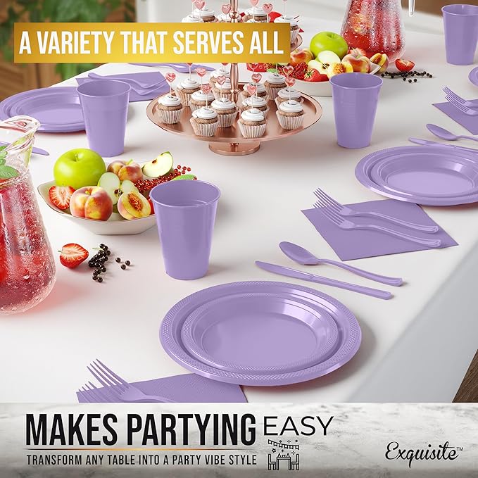 350 Pcs Lavender Plastic Plates For Party, Lavender Disposable Plates Set, 50 Of Each 9" Dinner Plate Set, 7" Dessert Plate, Cups, Napkins & Cutlery Plastic Dinnerware Set Exquisite