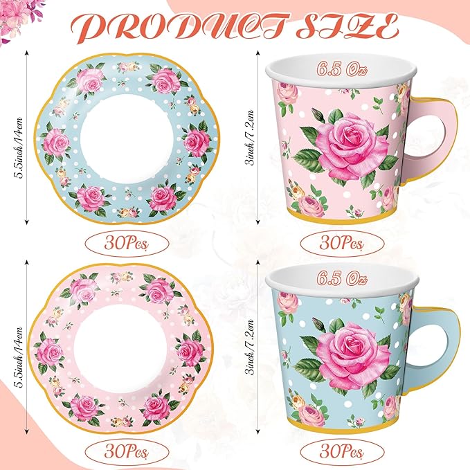 Umigy 60 Sets Spring Tea Party Decorations 6.5 oz Floral Paper Teacups & Saucer Set for Girls Women Afternoon Tea Parties Mothers Day Bridal Shower Wedding Birthday Party Decorations(Pink Blue)