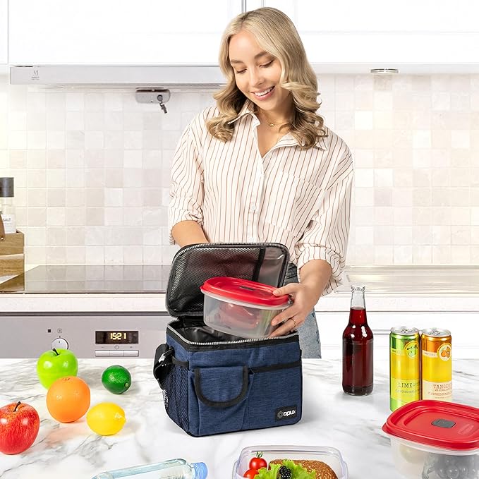 opux Insulated Lunch Bag for Men Women, Leakproof Heather Navy Lunch Box for Work, Portable Soft Lunch Cooler Bag with Shoulder Strap, Adult Lunchbox Lunch Pail for Kid Boy Girl School, 14 Can/8L