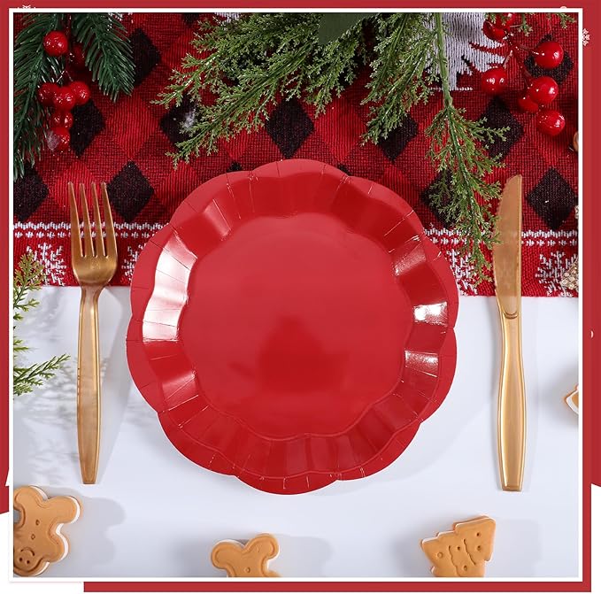 30 Pcs Red Paper Plates 7 Inch Red Scalloped Paper Plates Dessert Cake Plate for Mother's Day, Wedding, Birthday, Baby Shower, Bridal Shower