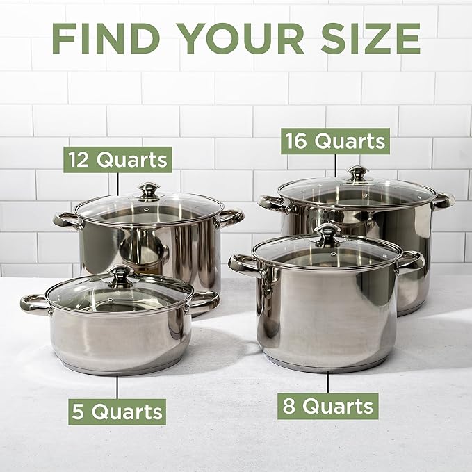 Ecolution Stainless Steel Stock Pot, Encapsulated Induction Ready Cooking Pot with Glass Lid, Oven Safe, Dishwasher Safe Soup Pot, 8-Quart