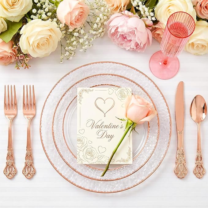 102PCS Rose Gold Plastic Plates - Clear Rose Gold Disposable Plates - Elegant Hammered Plate Include 51PCS 7.5inch Dessert & 51PCS 10.25inch Dinner Plate for Easter Party