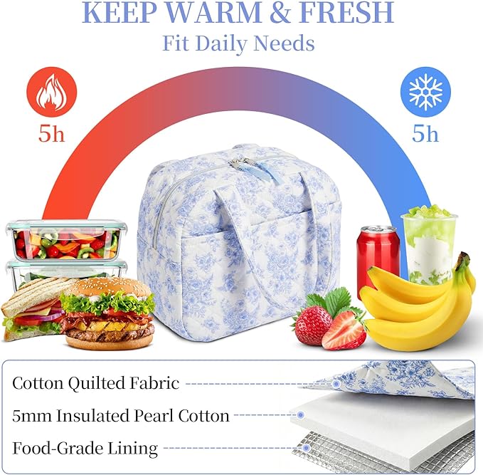 Quilted Lunch Box for Women,Coquette Aesthetic Lunch Box for Teen Girls,Cute Floral Lunch Bags for Work, School,Office,Picnic,Travel (Elegant Blue Floral)