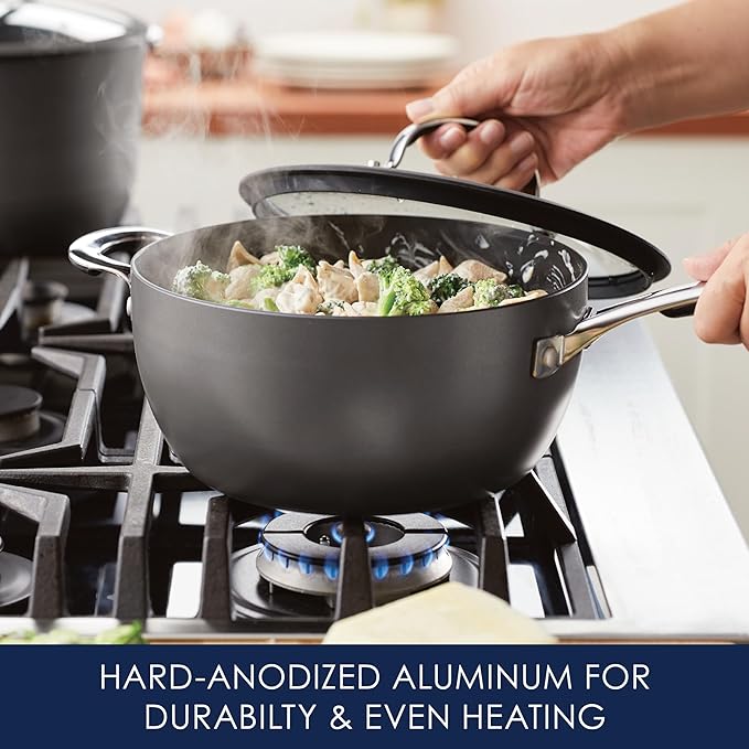 Rachael Ray Cook + Create Hard Anodized Nonstick Saucier Pan/Saucepan with Lid and Helper Handle, 4.5 Quart - Black