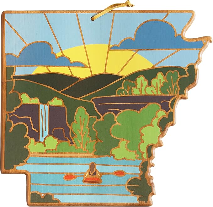 Totally Bamboo Arkansas State Shaped Cutting Board and Charcuterie Serving Platter with Artwork by Summer Stokes, Includes Hang Tie for Wall Display