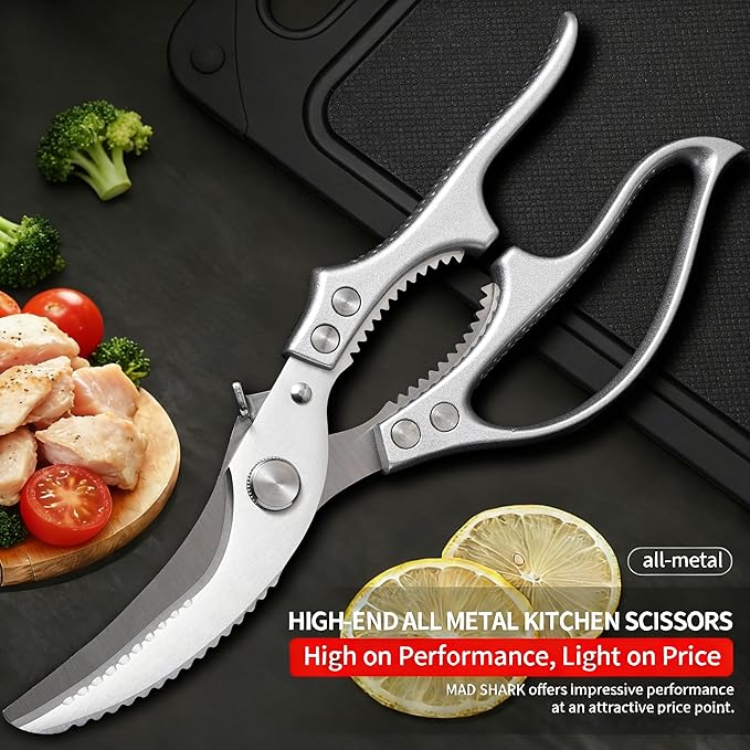 Heavy Duty Kitchen Scissors - All Purpose Poultry Shears with Anti-Slip Handle & Safety Lock, Stainless Steel Food Scissors for Chicken, Meat, Bones, Vegetables.Dishwasher Safe & Spring Loaded
