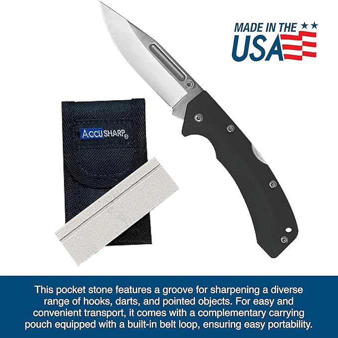 AccuSharp Pocket Stone Sharpener with Pouch, 3 Inch Dual-Sided Sharpening Stone for Knives, Fish Hooks, Camping, Hunting Knives, Restores, Repairs & Hones Blades, Natural