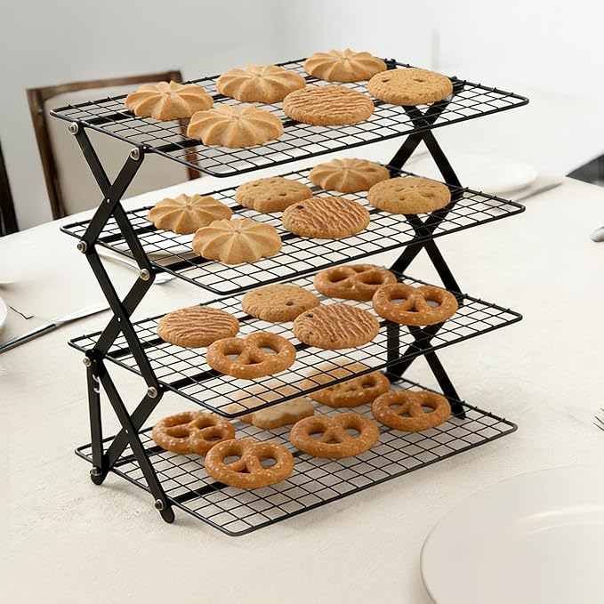 4 Tier Collapsible Cooling Rack, Adjustable 3 Setting Stackable Foldable Wire Rack for Baking Cooking Roasting Drying Cookies Cakes Muffins, Space Saving Baking Gift
