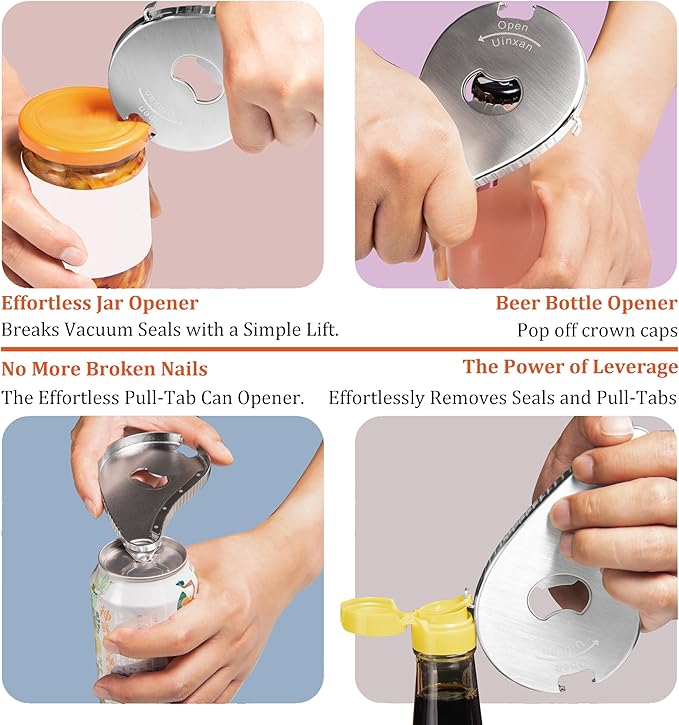 Jar Bottle Can Opener for Seniors Arthritis Weak Hands-Easy Twist Off Small Caps (0.6"-2.7"), Pop Top & Pull Tab Seals,Patent Unique Portable Multifunction Gadget for Elderly/Women/Men (Silver)