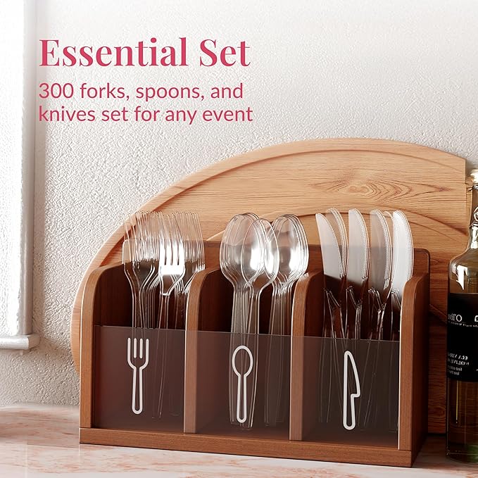 Prestee 300-Piece Plastic Cutlery Set - 100 Each of Clear Plastic Forks, Knives, Spoons - Heavy Duty Silverware for Parties - Disposable Utensils for Weddings and Buffets