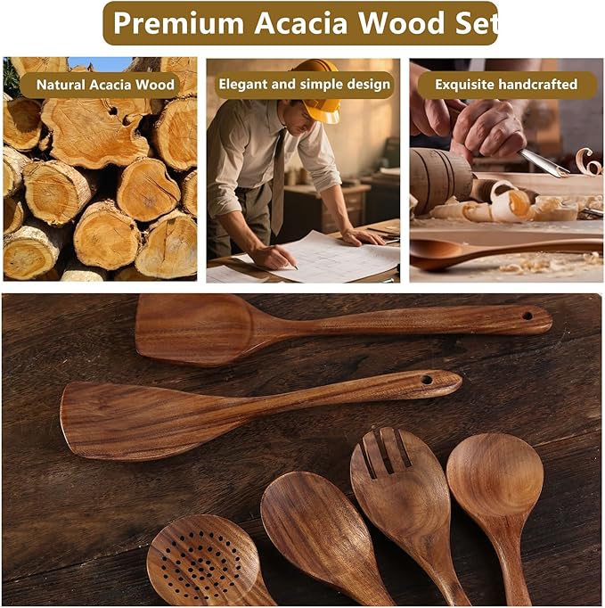 6 Pack Wooden Spoons For cooking – Heat-Resistant Wood Spatula with Comfort Grip, Lightweight Kitchen Cooking Utensils set, wood Spoon utensil Set Perfect for Non-Stick Cookware