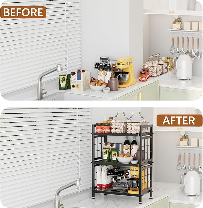 GIOTORENT 3-Tier Pantry Shelves with Wooden Boards, Heavy Duty Storage Shelves & Book Shelf, Adjustable Metal Shelving Unit for Kitchen Bathroom Laundry Organizer, Sturdy Rust-Resistant, Black